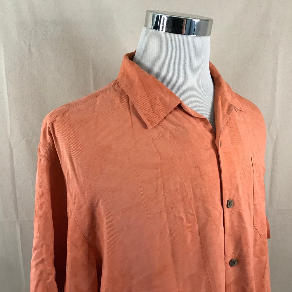 Tommy Bahama XL 100% Silk Hawaiian Aloha Shirt Orange Floral Jacquard Vacation